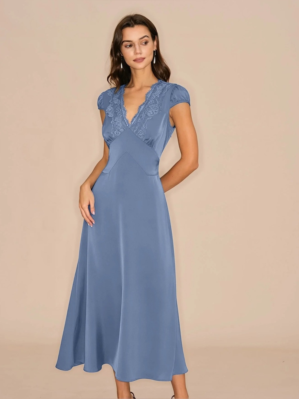 Rihoas Blue V Neck Lace Tie Maxi Dress
